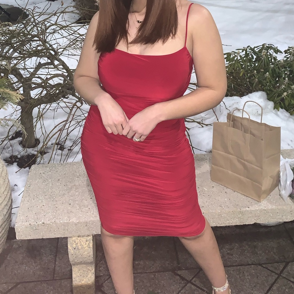 Red ruched midi dress